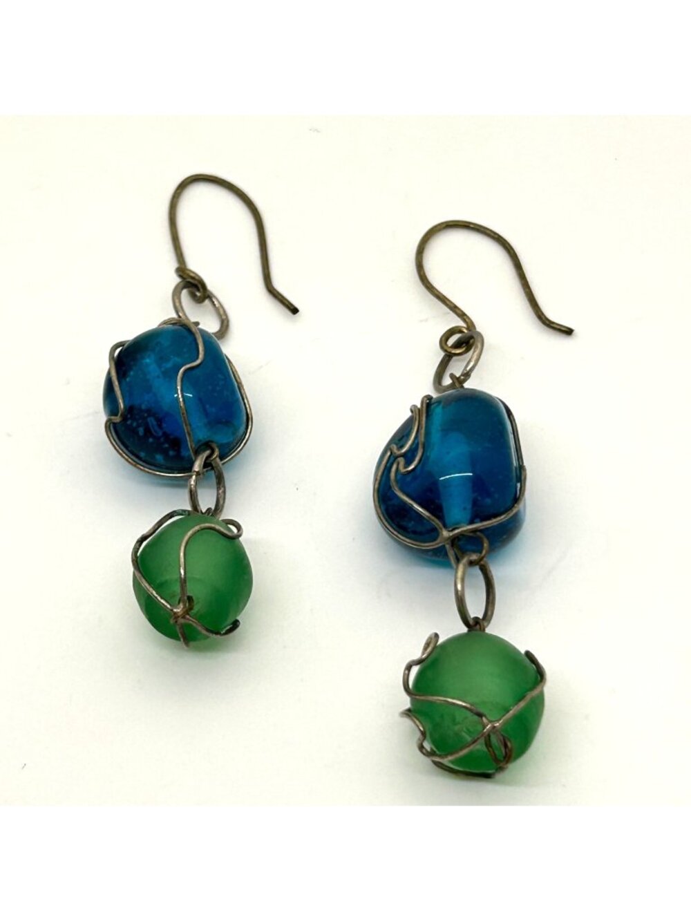 Vintage Blue & Green Wire-Wrapped Bead Dangle Earrings Bomehian